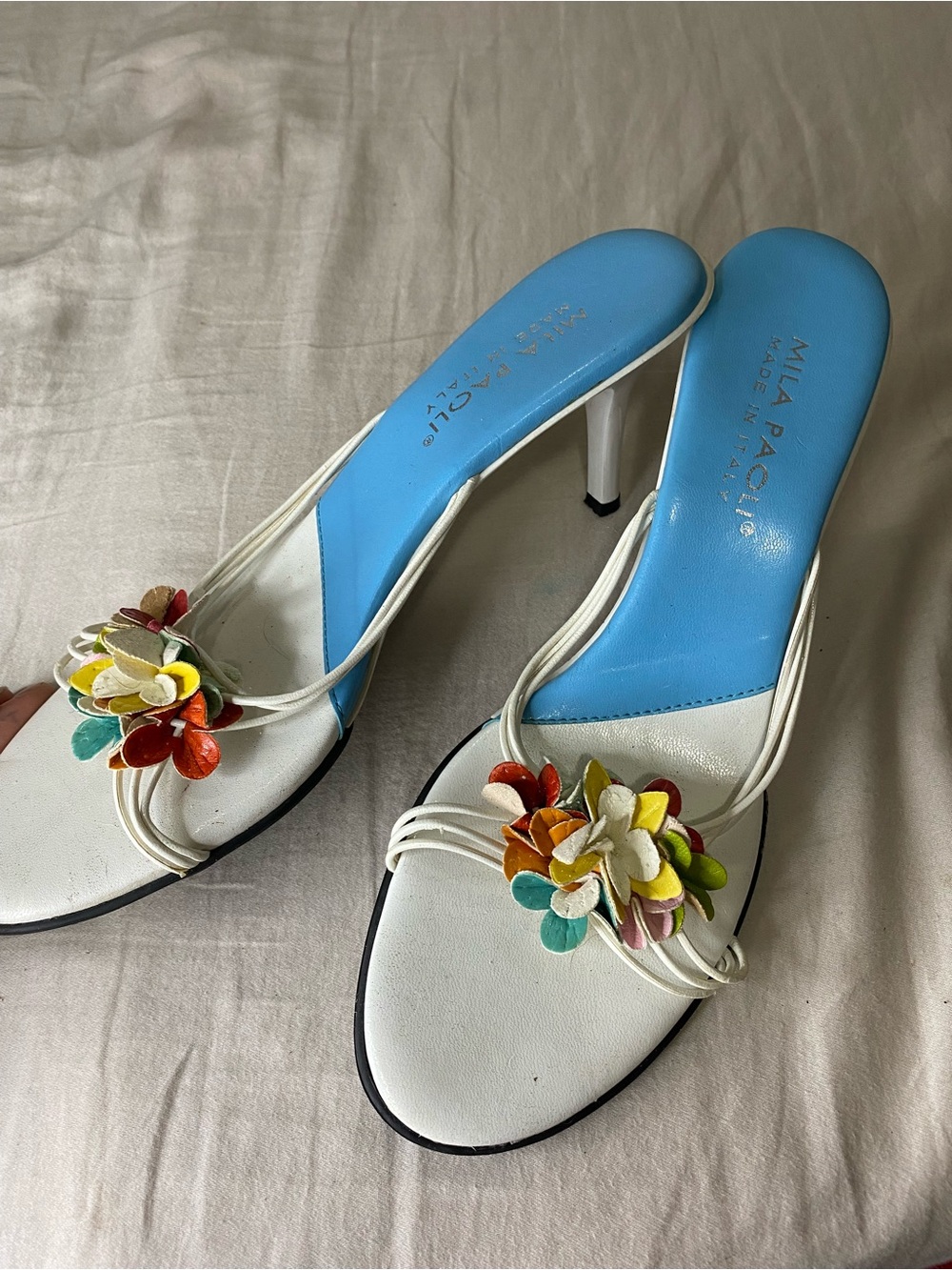 Vintage Mila Paoli Italy Floral Leather kitten Heeled Sandals Mules Y2K